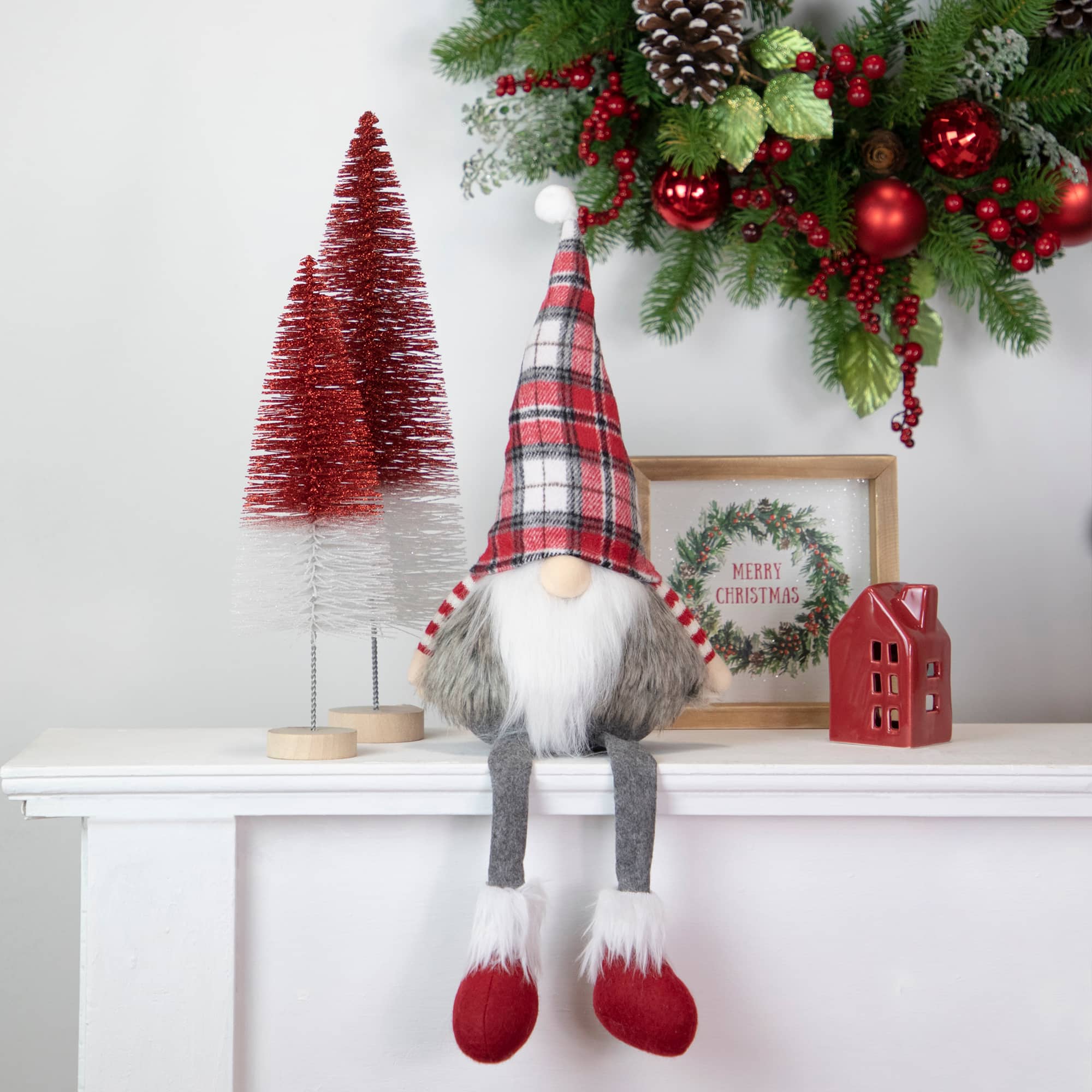 12" Red & White Glittered Bottlebrush Christmas Tree